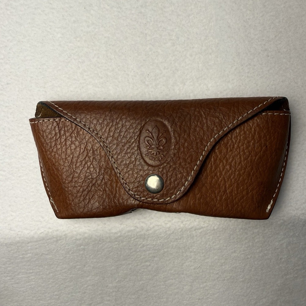 Genuine Italian Leather Soft Glasses Case Brown Snap Firenze Fleur-de-Lis EUC